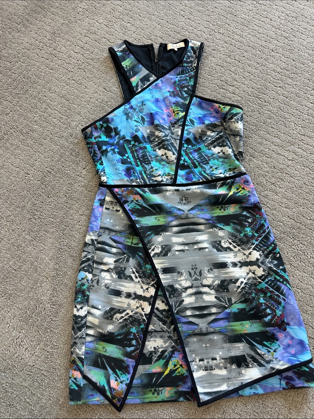 Parker One-Shoulder Abstract Floral Print Dress in Blue and Black